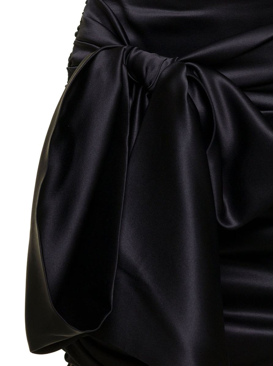 Short Black Draped Skirt With Bow Detail In Stretch Silk Woman