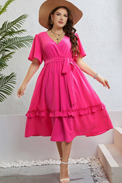 Honey Belted Frill Trim Flutter Sleeve Dress