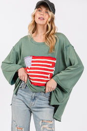 SAGE + FIG Full Size American Flag Patch Drop Shoulder T-Shirt