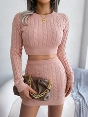 Cable-Knit Round Neck Top and Skirt Sweater Set