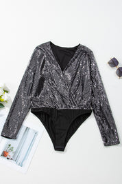 Sequin Surplice Long Sleeve Bodysuit