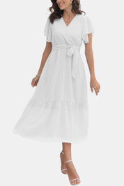 Surplice Neck Flutter Sleeve Tied Dress