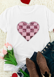 Sequin Checkered Heart Round Neck Short Sleeve T-Shirt