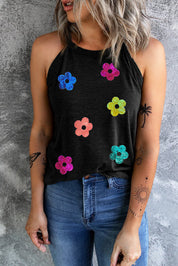 Sequin Flower Round Neck Tank