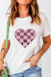 Sequin Checkered Heart Round Neck Short Sleeve T-Shirt