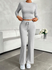 Round Neck Long Sleeve Top and Drawstring Pants Set