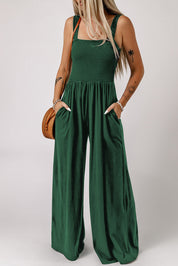 Smocked Square Neck Wide Leg Jumpsuit with Pockets