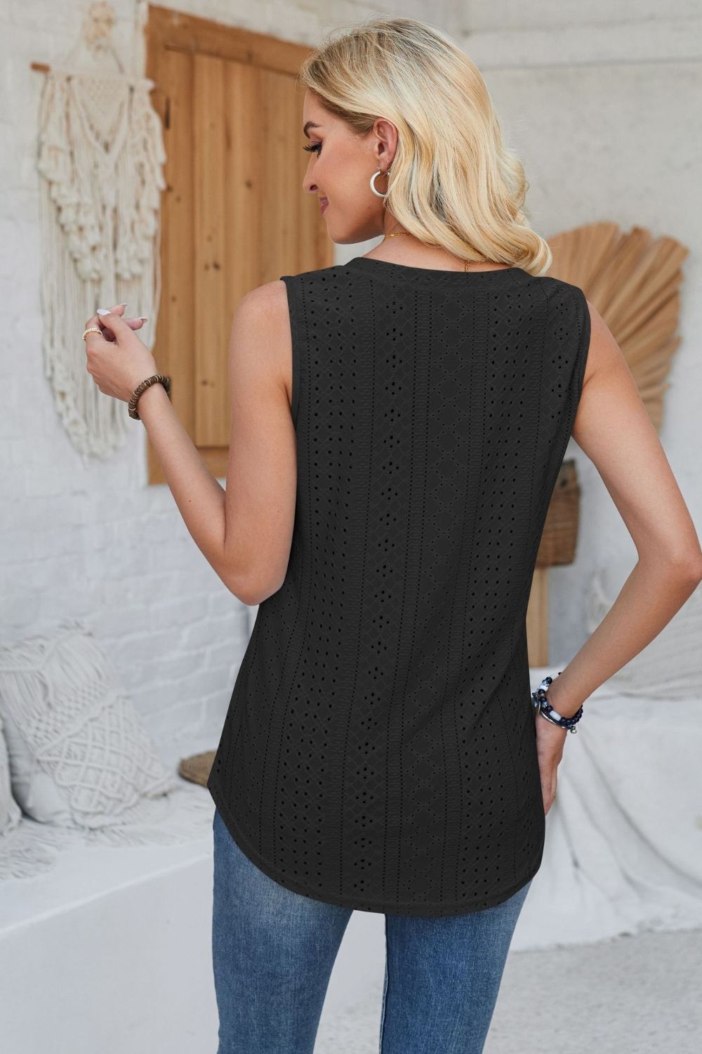 Eyelet Decorative Button V-Neck Tank