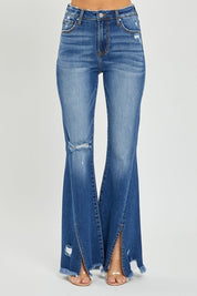 RISEN Full Size High Rise Front Slit Frayed Hem Flare Jeans