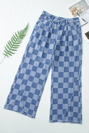 Checkered Wide Leg Jeans with Pockets