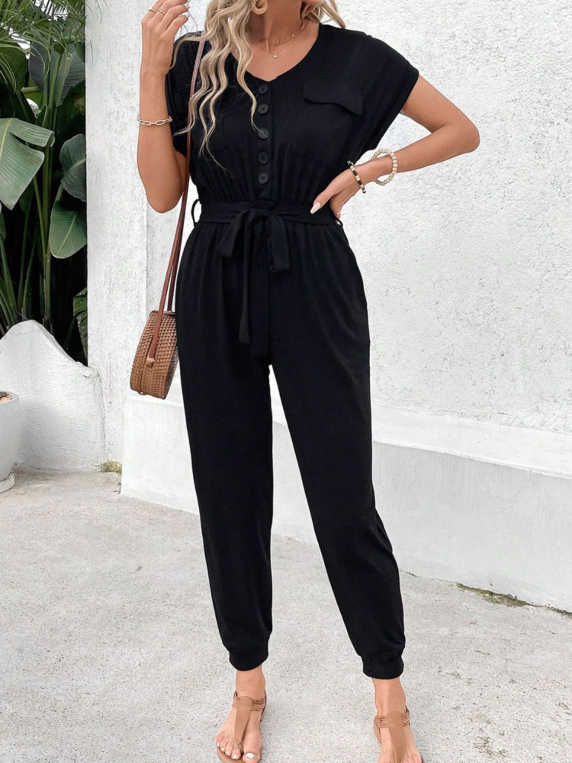 Perfee V-Neck Short Sleeve Jumpsuit