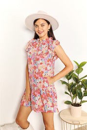 Double Take Floral Tie Neck Cap Sleeve Dress