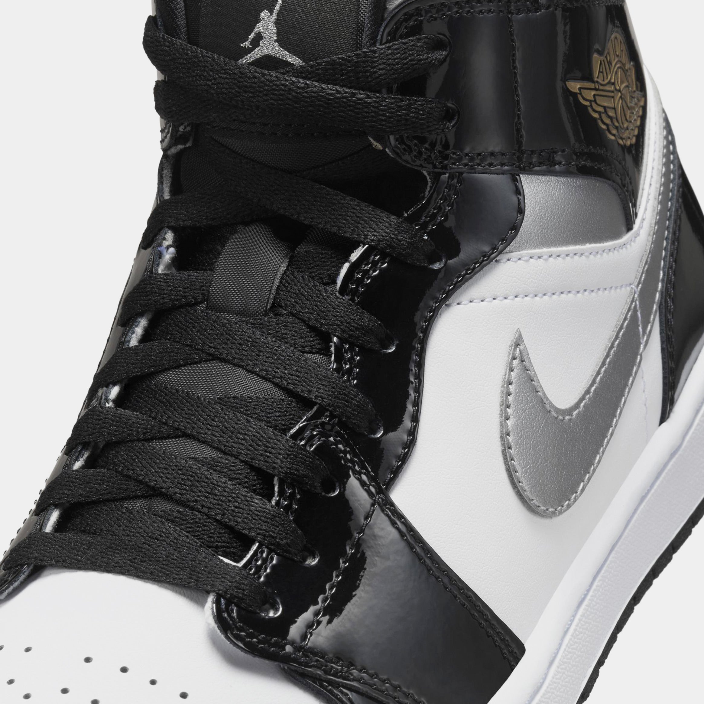 Air Jordan 1 Retro Mid SE Black Patent Mens Lifestyle Shoes (Black Patent/Metallic Gold/Silver)