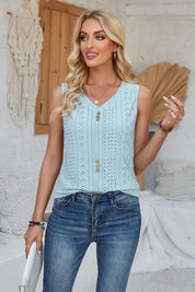 Eyelet Decorative Button V-Neck Tank