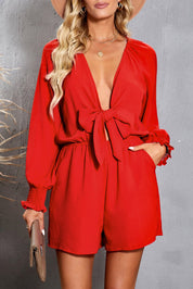 Tied Flounce Sleeve Plunge Romper