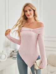 Ribbed Asymmetrical Hem Off-Shoulder Long Sleeve T-Shirt