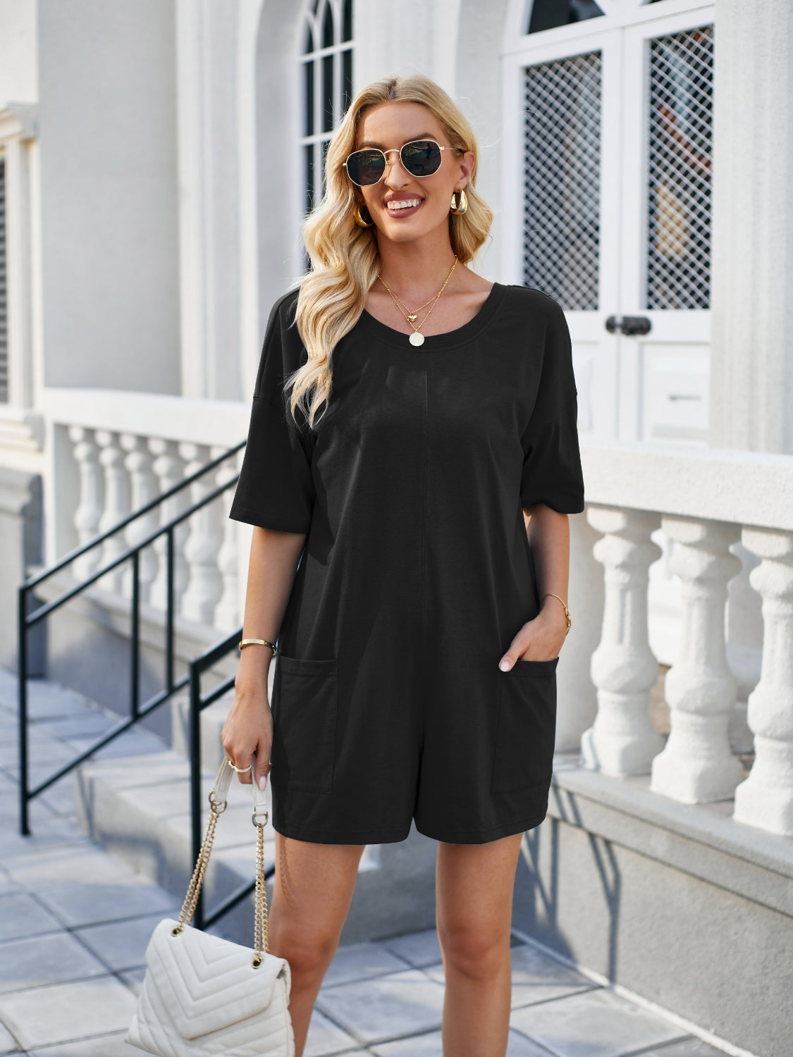 Lovelet Backless Pocketed Round Neck Half Sleeve Romper