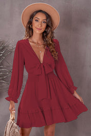 Tied Plunge Smocked Waist Flounce Sleeve Dress