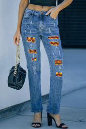 Distressed Pumpkin Pattern Jeans with Pockets