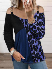 Full Size Leopard Cold Shoulder Long Sleeve T-Shirt