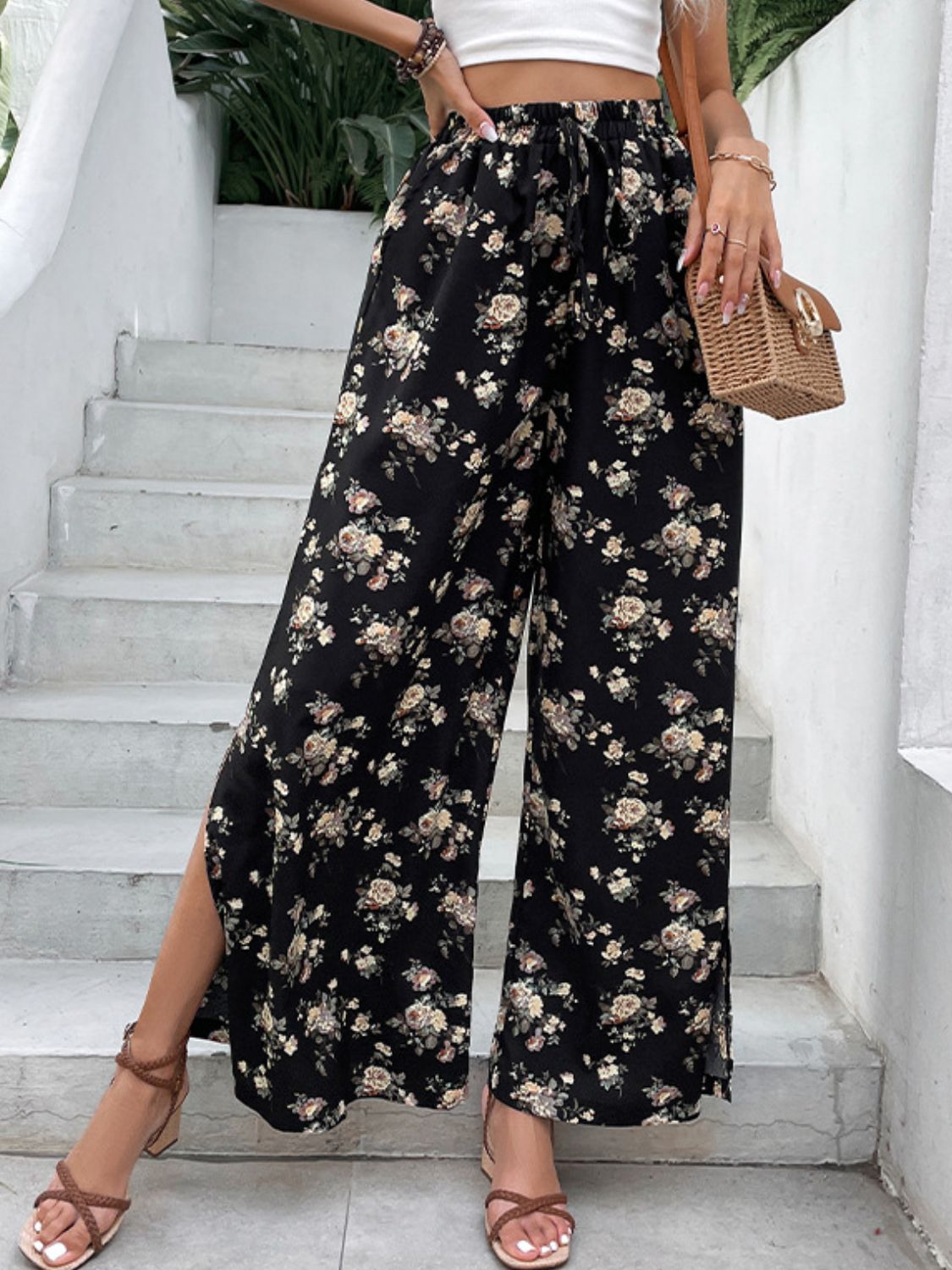 Perfee Floral Side Slit Wide Leg Pants