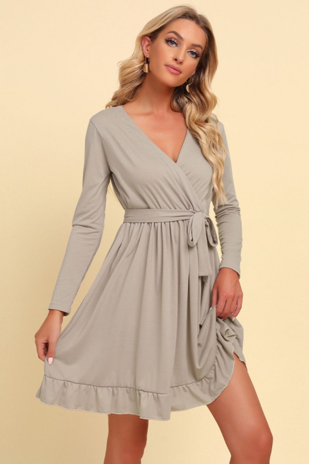 Long Sleeve Tie Waist Ruffle Hem Dress