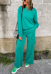 Full Size Round Neck Long Sleeve Top and Drawstring Pants Set