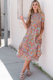 Floral Flounce Sleeve Round Neck Midi Dress