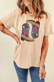 Sequin Round Neck Short Sleeve T-Shirt