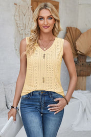 Eyelet Decorative Button V-Neck Tank