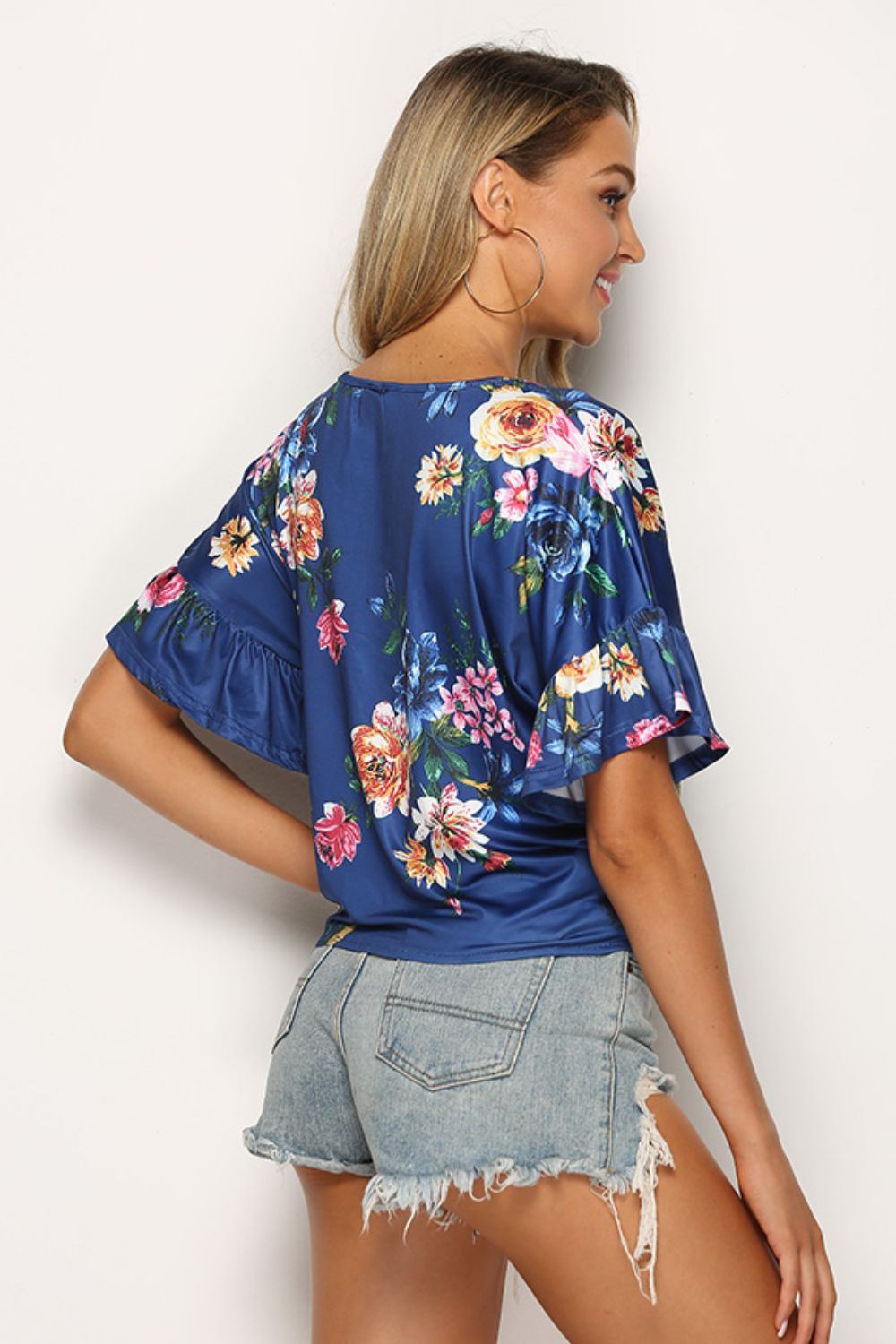 Shiny Floral Tie Hem Flounce Sleeve Top