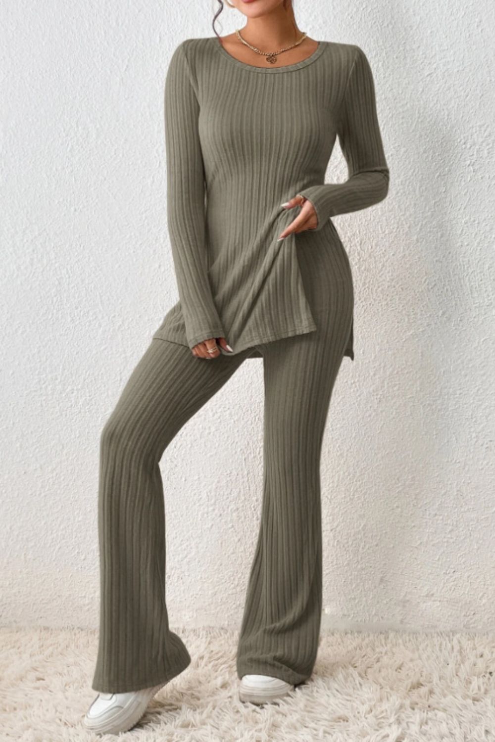 Ribbed Long Sleeve Slit Top and Bootcut Pants Set