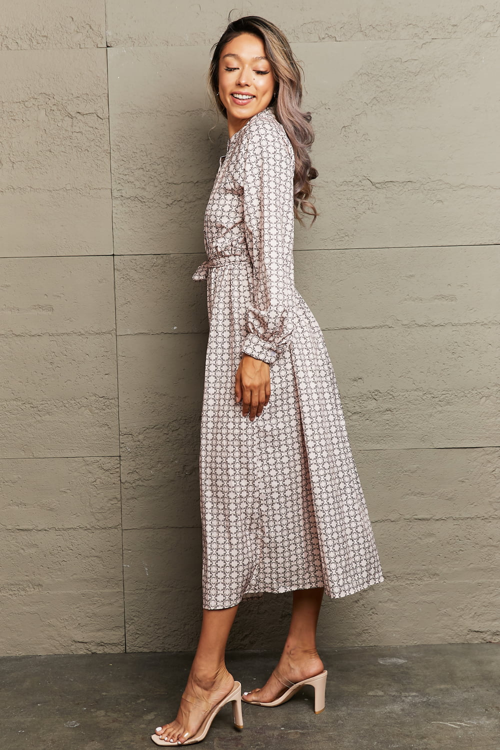 Perfee Printed Tie Waist Long Sleeve Dress