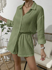 Dropped Shoulder Button Up Top and Elastic Waist Shorts Set