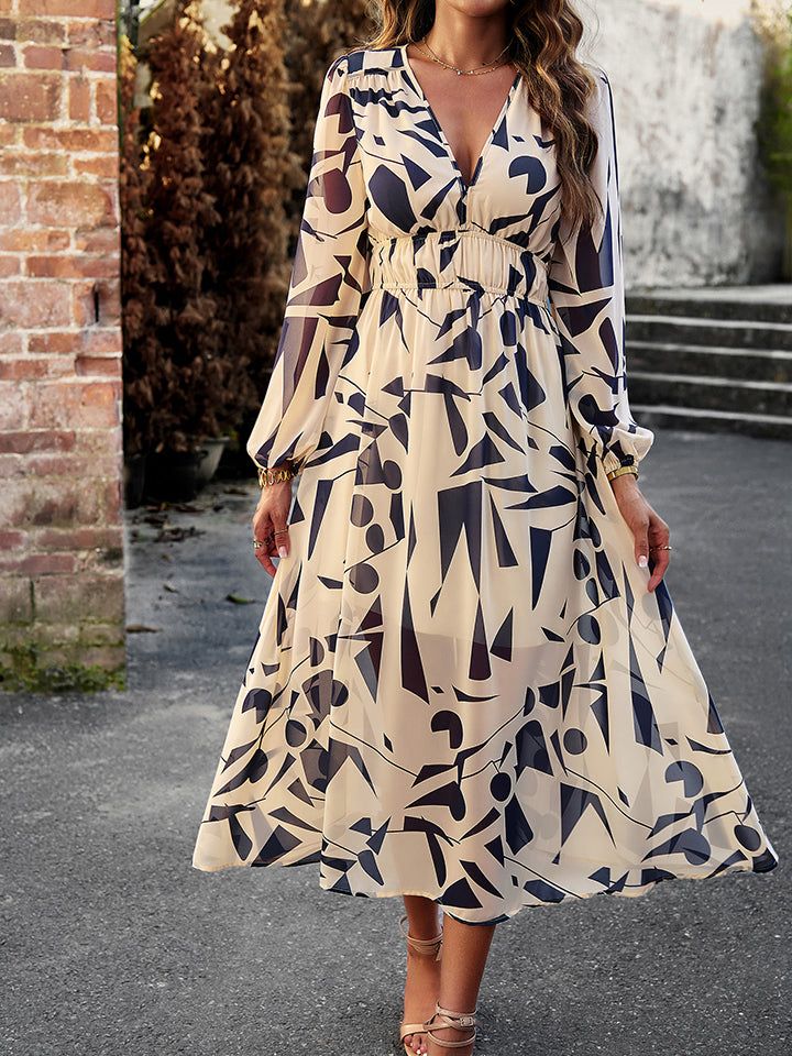 Devine Printed V-Neck Long Sleeve Midi Dress