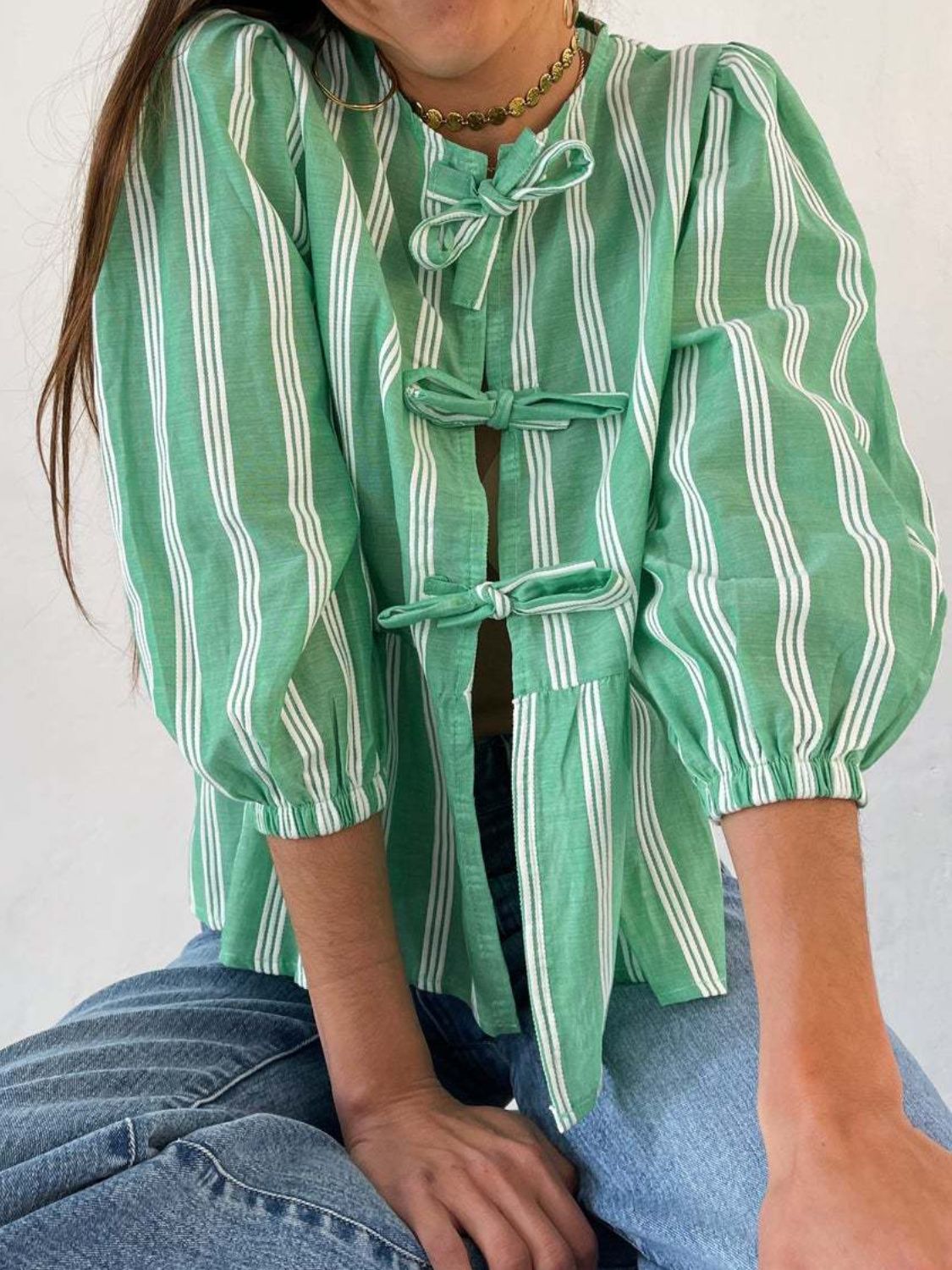 Tied Round Neck Balloon Sleeve Shirt