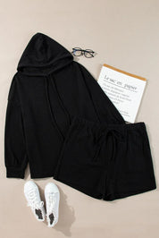 Plus Size Drawstring Dropped Shoulder Hoodie and Shorts Set