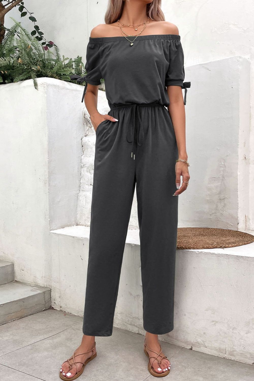 Perfee Off-Shoulder Tie Cuff Jumpsuit with Pockets