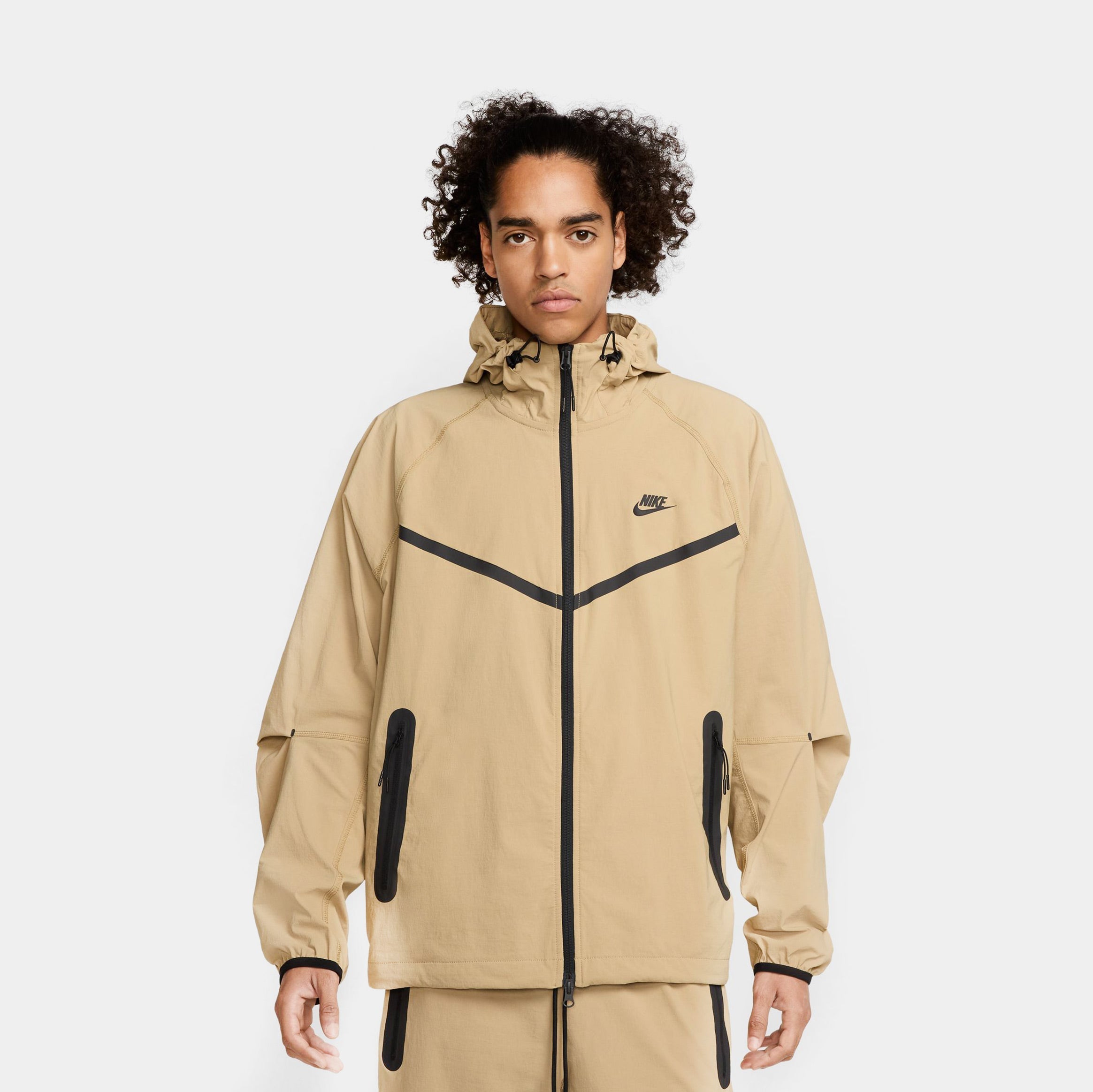 Tech Woven Full Zip Up Mens Hoodie (Parachute Beige/Black)