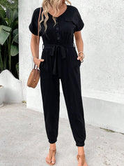 Perfee V-Neck Short Sleeve Jumpsuit