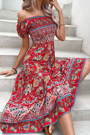 Perfee Floral Off-Shoulder Smocked Midi Dress