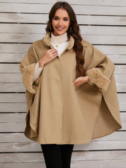 Fuzzy Trim Long Sleeve Poncho