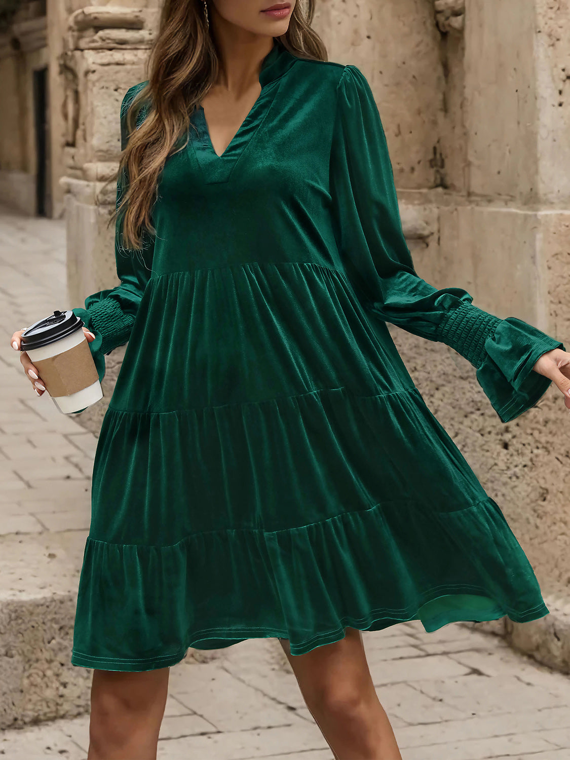 Perfee Notched Long Sleeve Tiered Dress