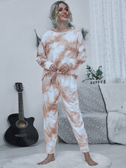 Shiny Tie-dye Round Neck Top and Drawstring Pants Lounge Set