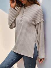 Perfee Slit Half Button Long Sleeve T-Shirt