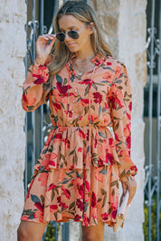 Floral Tie Neck Long Sleeve Layered Dress