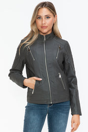 Snobbish Faux Leather Zip Up Mock Neck Jacket