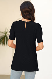 Eyelet Round Neck Short Sleeve T-Shirt