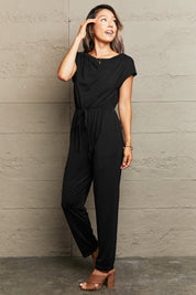 Perfee Boat Neck Short Sleeve Jumpsuit with Pockets