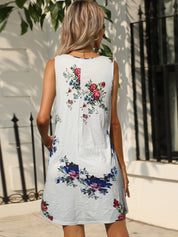 Shiny Printed Round Neck Sleeveless Dress with Pockets